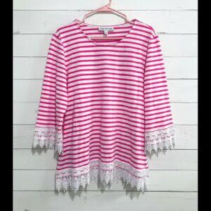 Southern Lady Large Pink White Stripe Top Lace Trim 3/4 Sleeve